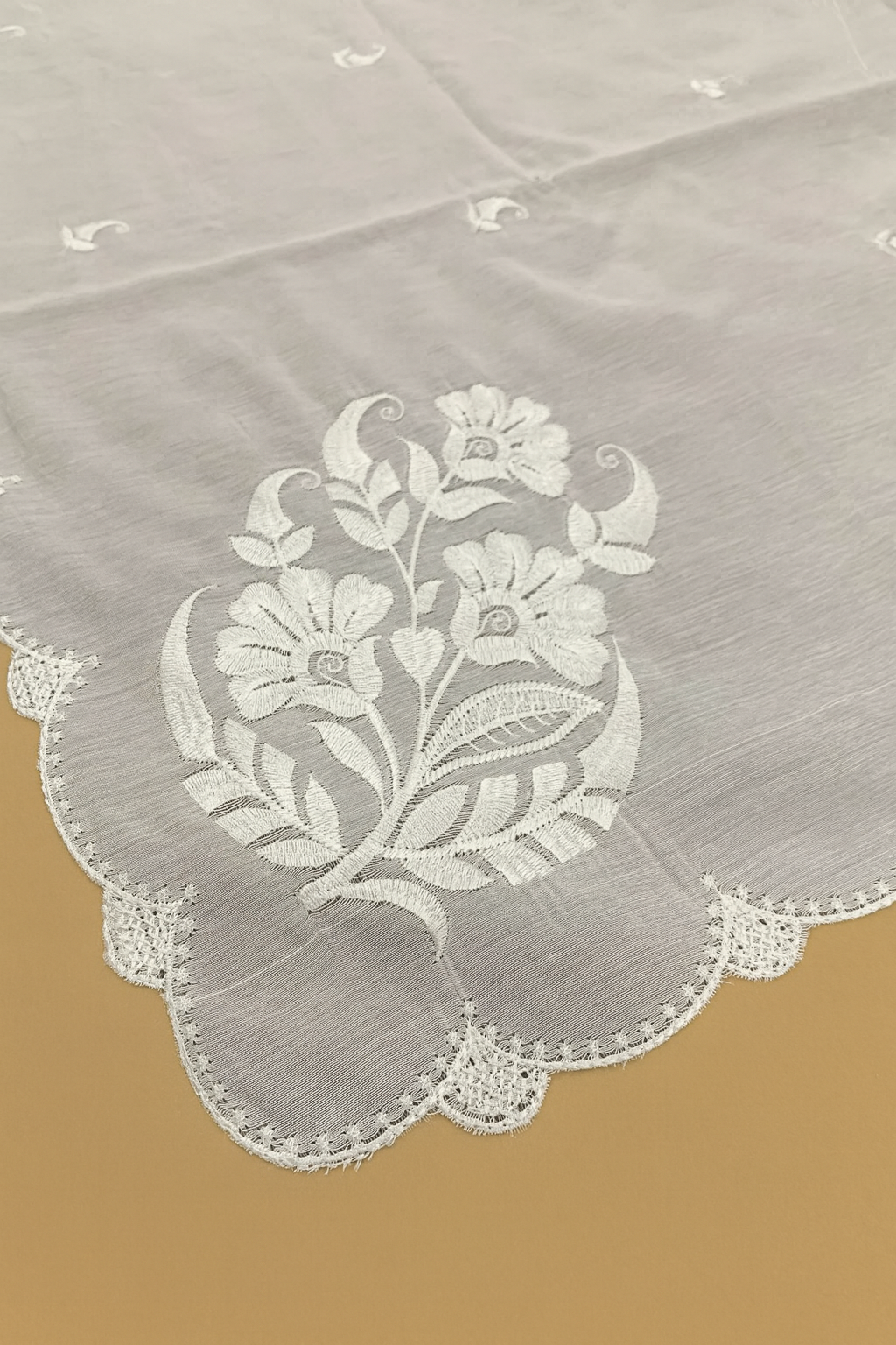 Dyeable Voile Lawn Dupatta – Floral Embroidery with 4 Side Cutwork Border