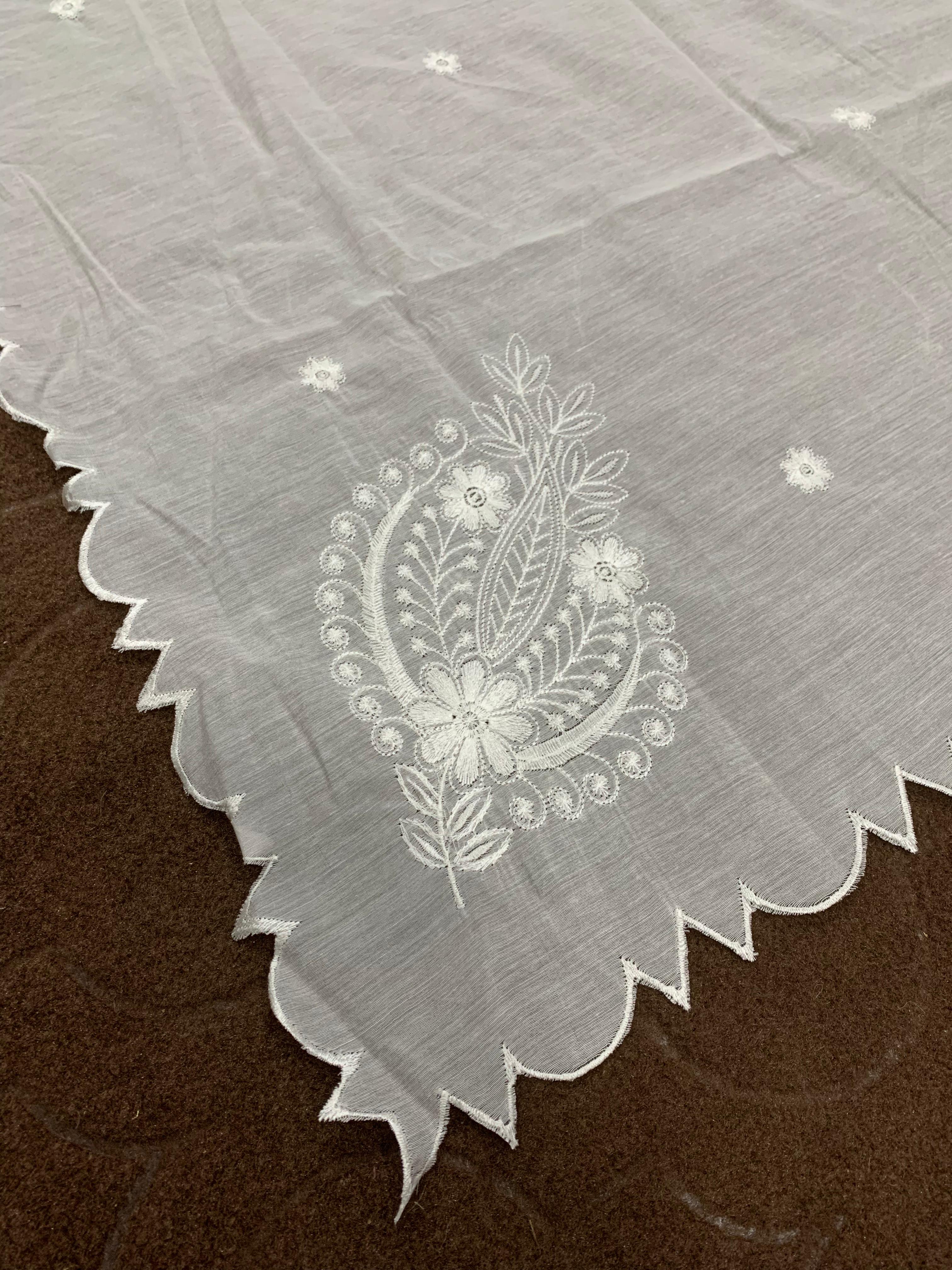 Voile Lawn Dupatta – Floral Embroidery & Scalloped 4 Side Cutwork (2.75 Yards, Dyeable)