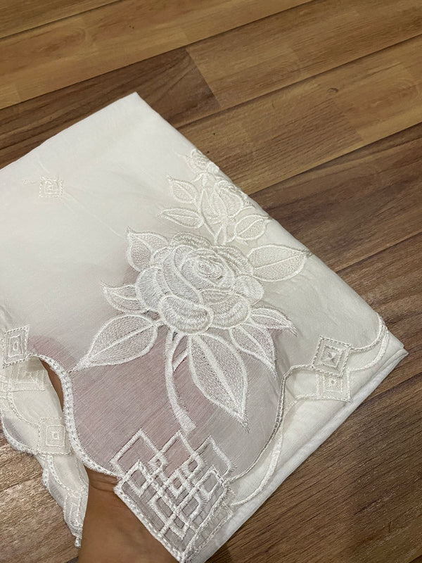 Voile Lawn Dupatta – Rose Floral Embroidery with Geometric Cutwork Border (2.75 Yards, Dyeable)