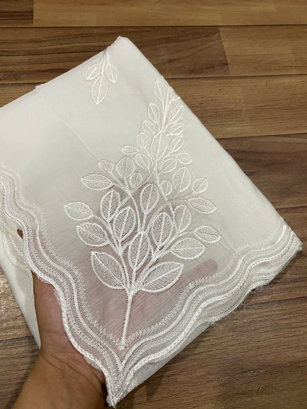 Voile Lawn Dupatta – Leaf Embroidery with Wavy Scalloped Cutwork Border (2.75 Yards, Dyeable)