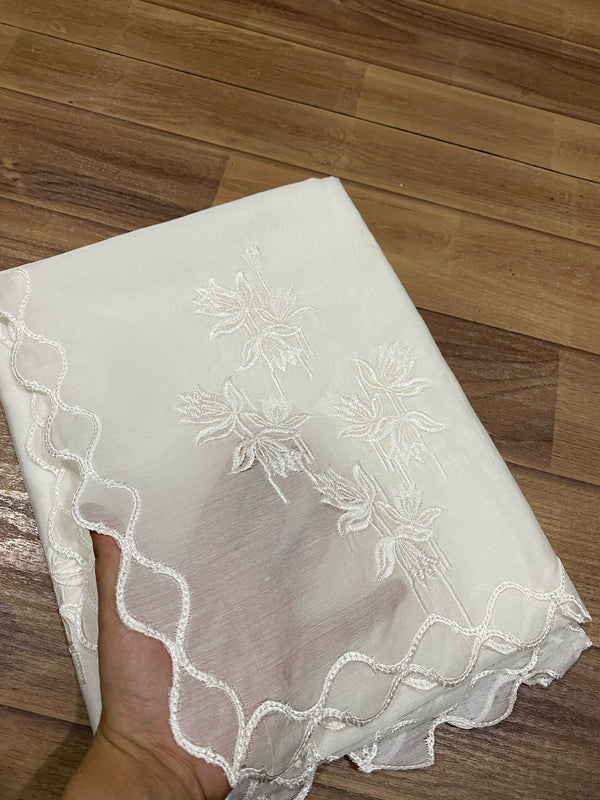 Voile Lawn Dupatta – Floral Embroidery with Soft Wavy Cutwork Border (2.75 Yards, Dyeable)