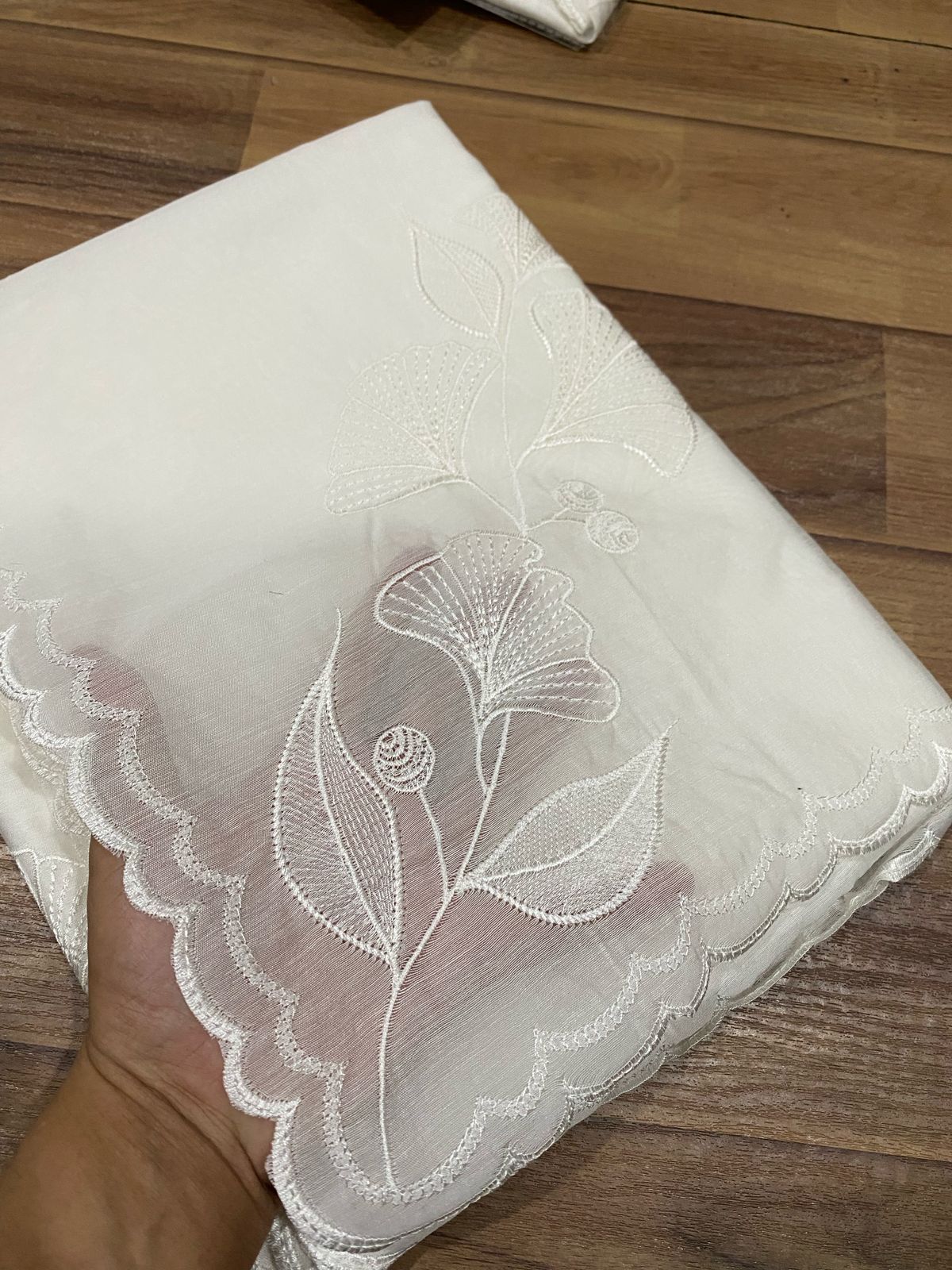 Voile Lawn Dupatta – Botanical Floral Embroidery with Scalloped Cutwork Border (2.75 Yards, Dyeable)